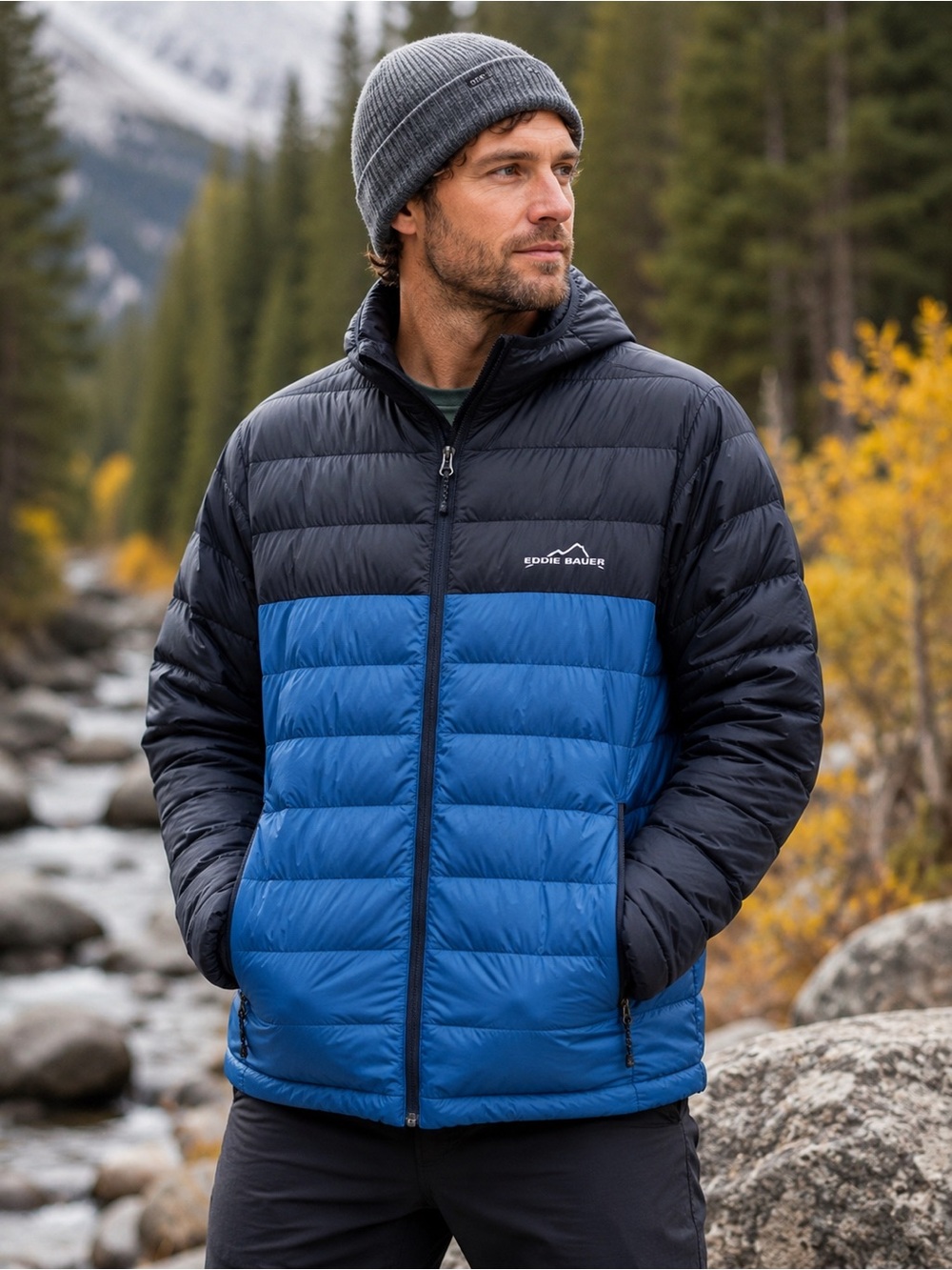 Eddie Bauer Men’s M Down Puffer Jacket Hooded Blue Black Lightweight Quilted